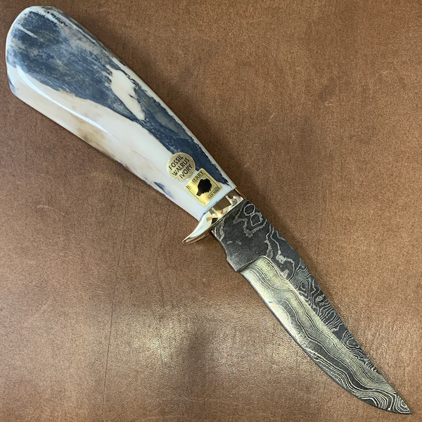 Damascus Blade Hunting Knife with Fossil Walrus Ivory Handle