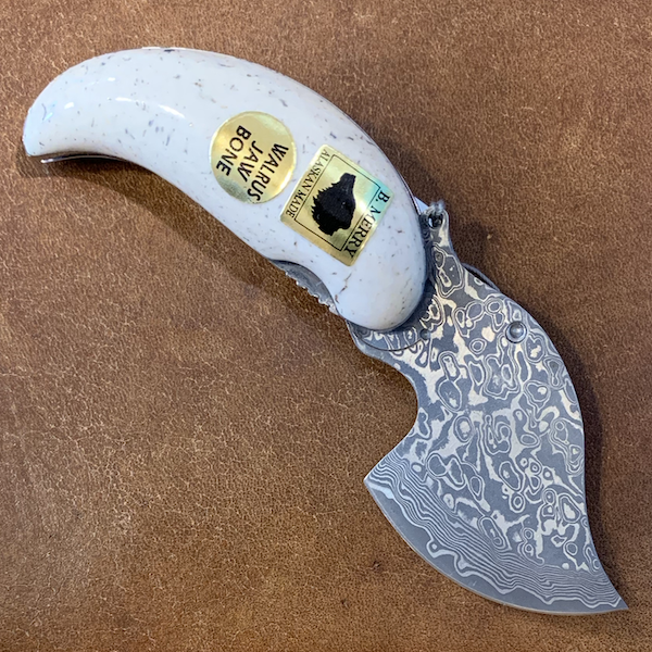 Ulu Style Pocket Knife with Damascus Blade and Walrus Jaw Handle