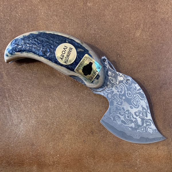 Ulu Style Pocket Knife with Damascus Blade and Mammoth Handle