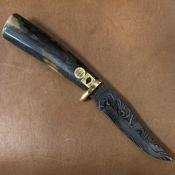 Damascus Blade Hunting Knife with Fossil Walrus Ivory Handle