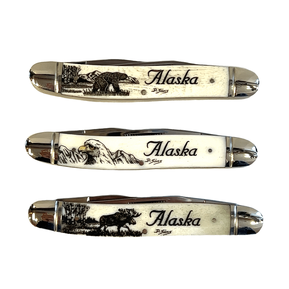 4" Scrimshaw Bone Handle 2 Blade Pocket Knife, Alaska Mint