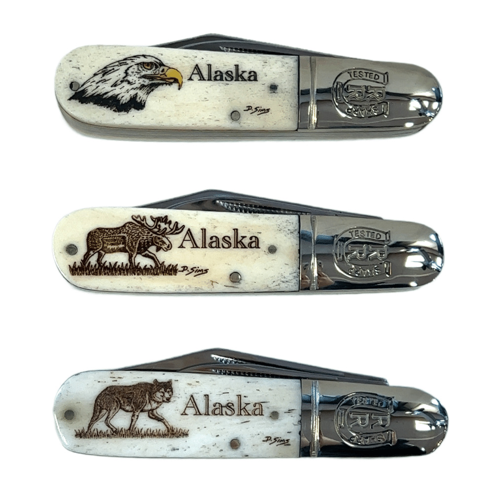3.25" Scrimshaw Bone Handle 2 Blade Knife, Alaska Mint