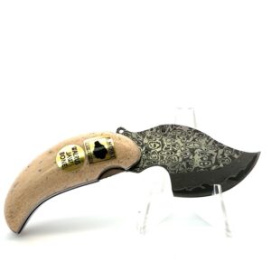Ulu Style Pocket Knife with Damascus Blade and Walrus Jaw Handle