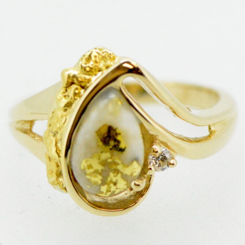 Ladies Gold Nugget, Quartz & Diamond Ring - Alaska Mint