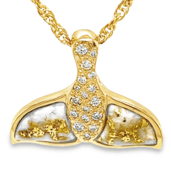 Diamond 14k Whale Tail Gold Quartz Pendant, Alaska Mint