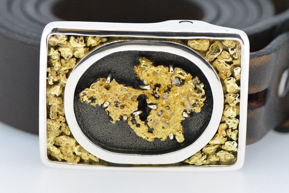 Custom Sterling Silver & Gold Nugget Belt Buckle - Alaska Mint