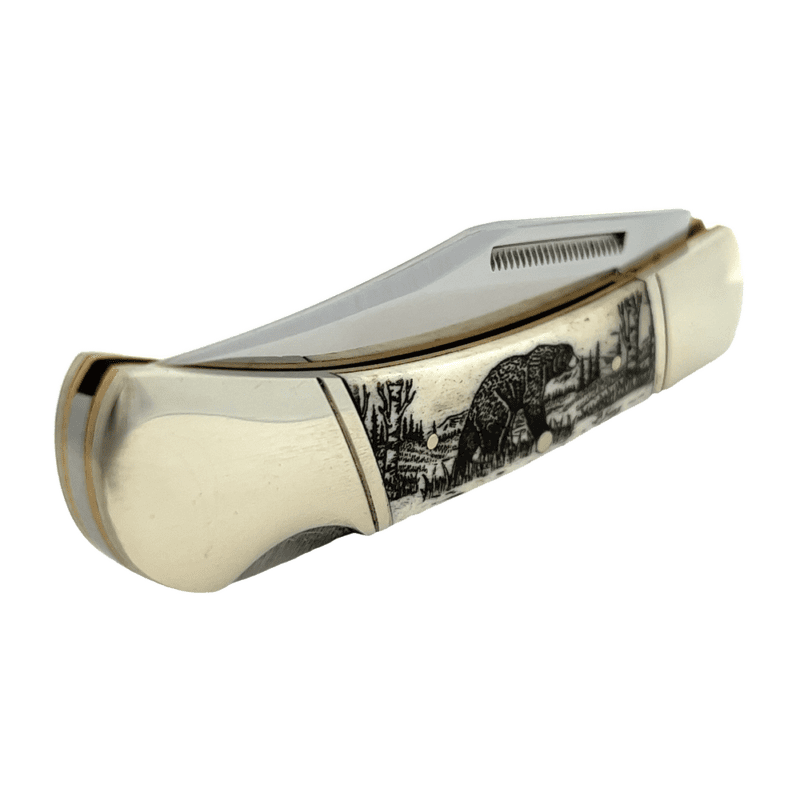 3.75" Scrimshaw Bone Handle Pocket Knife, Alaska Mint