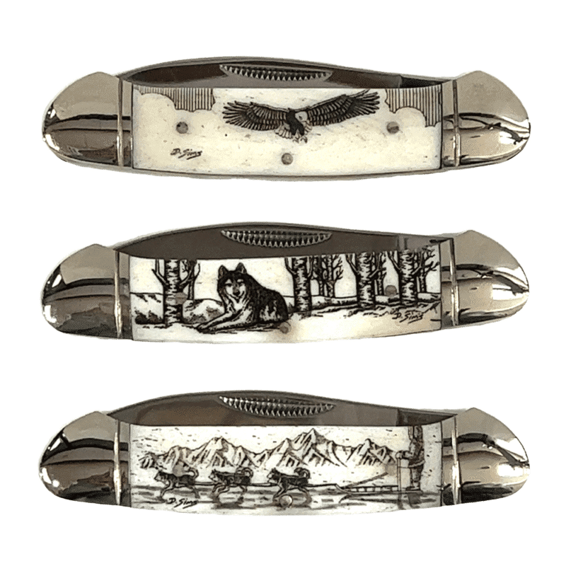 3.75" Scrimshaw Bone Handle 2 Blade Knife, Alaska Mint