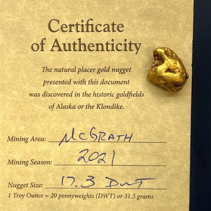Natural Alaskan Gold Nugget 17.3 Certificate