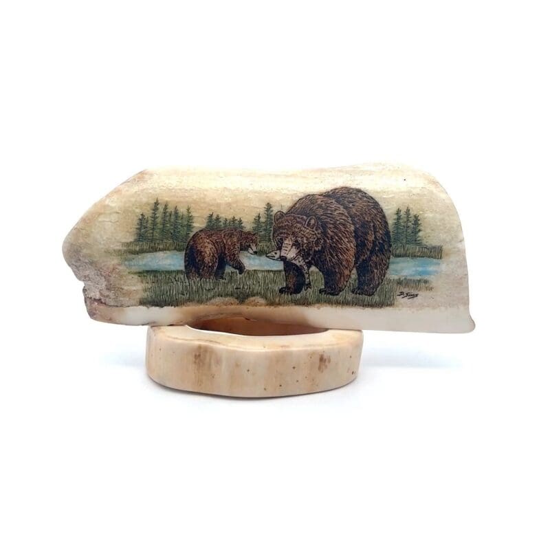 Fossil Ivory with Mother Brown Bear & Cub Scrimshaw Artwork - Alaska Mint