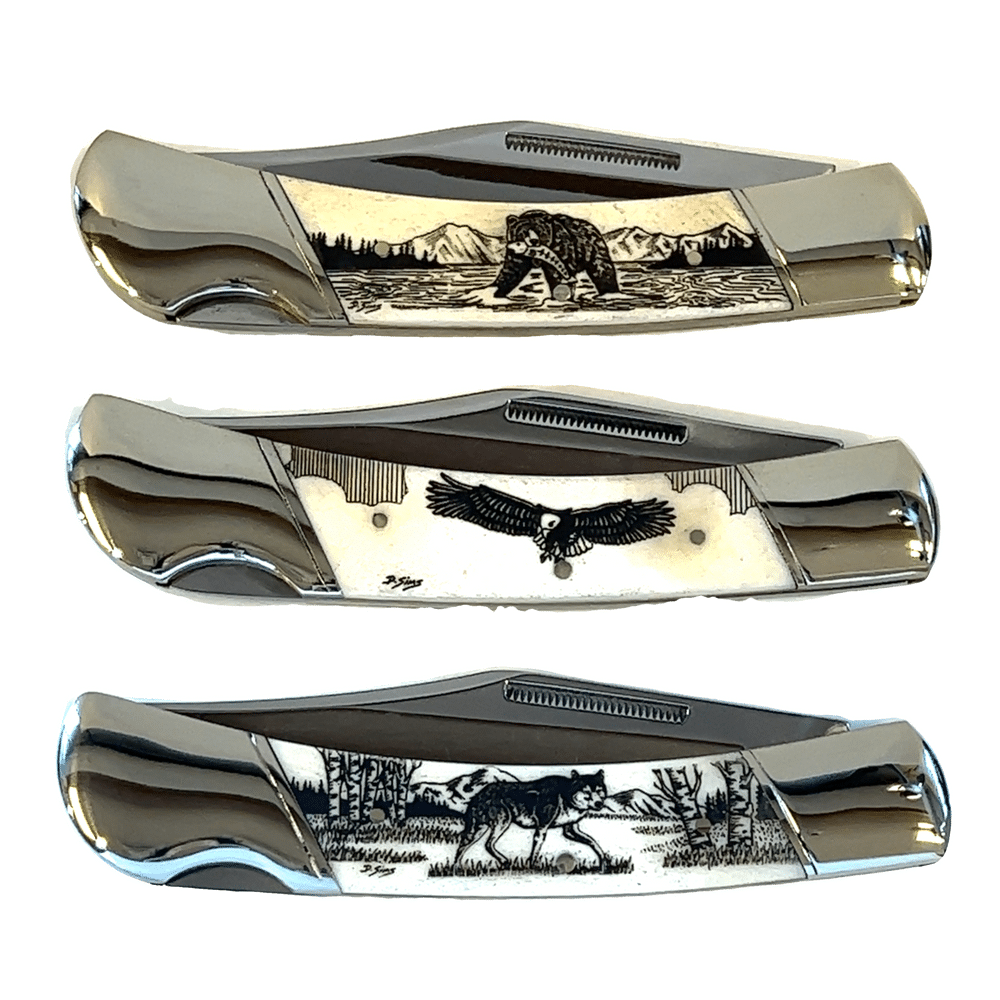 5" Scrimshaw Bone Handle Pocket Knife, Alaska Mint