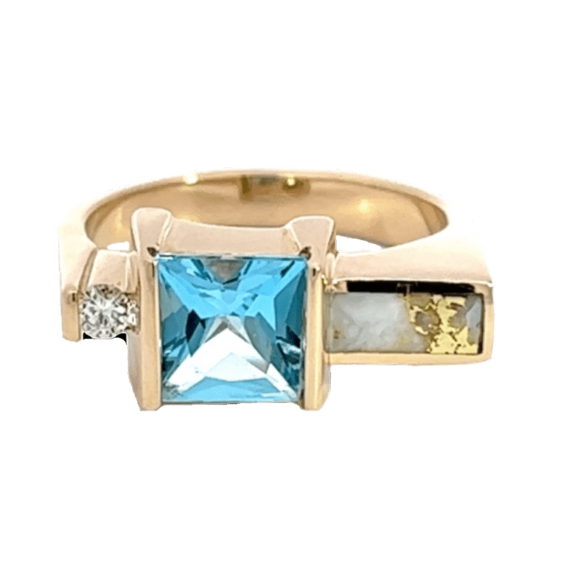 Swiss Blue Topaz, Gold Quartz, Rectangle Ring, Alaska Mint