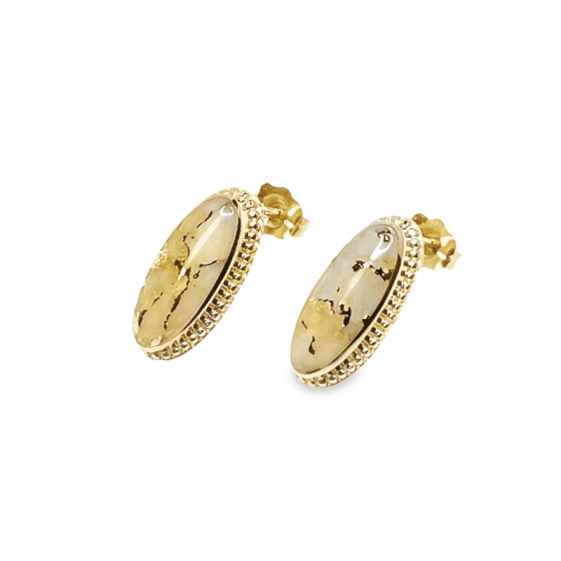 14k Gold Quartz Oval Inlaid Milgrain Design Earrings, Alaska Mint