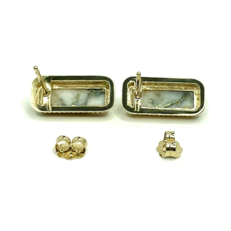 Gold Quartz Rectangle Earrings Inlaid Milgrain Design