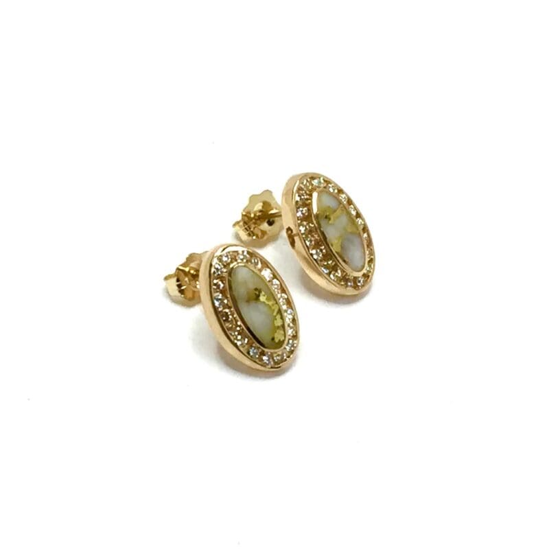 Gold Quartz Earrings Oval Inlaid Round Diamonds
