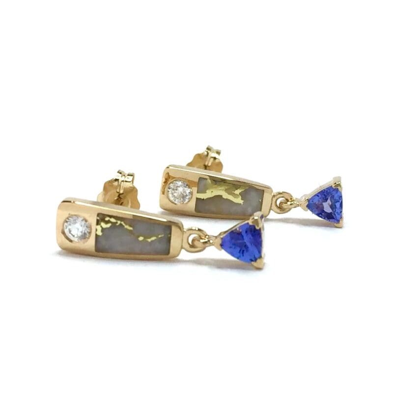 Gold Quartz Rectangle Earrings Diamonds Tanzanite