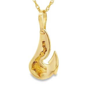 Gold Nugget Fishhook Pendant in 18k Yellow Gold, Alaska Mint