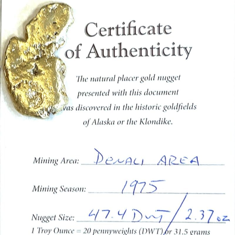 Natural Alaskan Gold Nugget, 73.7 Grams, Alaska Mint