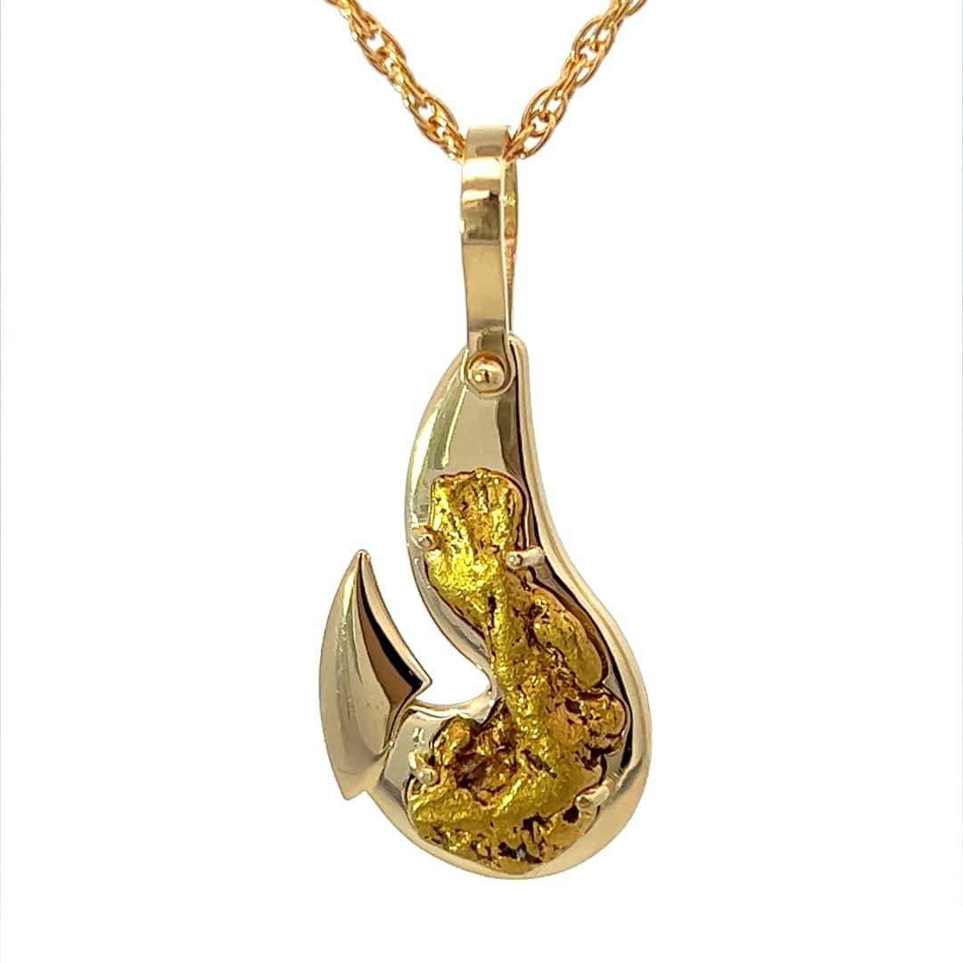 Gold Nugget, Fish hook, Pendant, Yellow Gold, Alaska Mint, 2.4dwt, 073214
