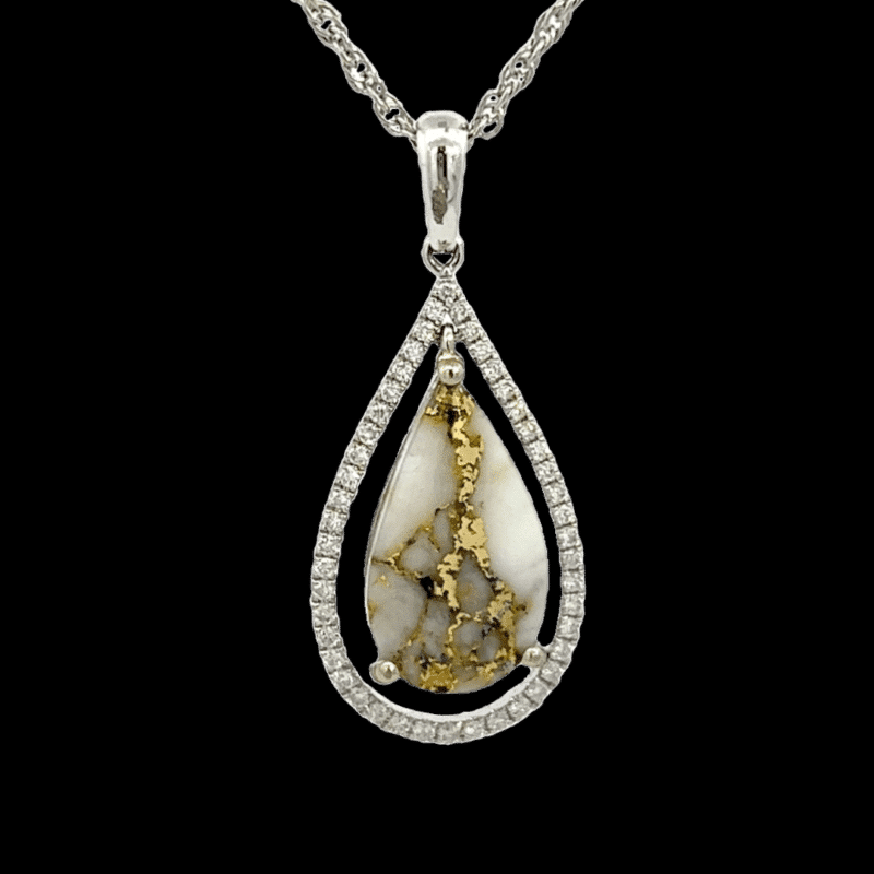 Gold quartz, Diamond, White Gold, Pendant, Teardrop, Alaska Mint, PN1164DQ $1910
