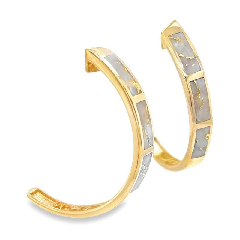 Gold Quartz Hoop Earrings 3 Section Inlaid Design, Alaska Mint