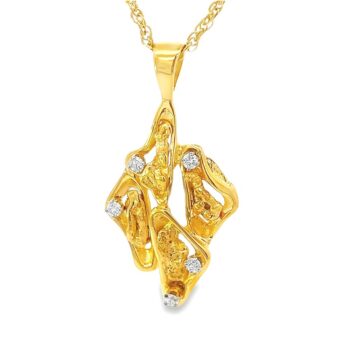 Freeform Gold Nugget Pendant with Diamonds 1.75” Tall, Alaska Mint
