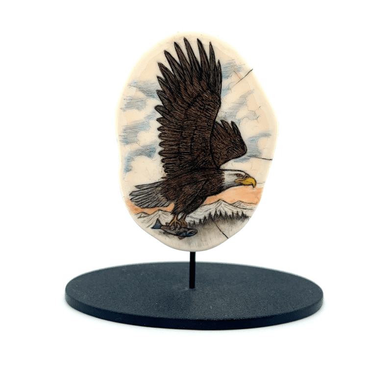 Scrimshaw Ivory, Eagle Flying, FIsh, Alaska Mint, 073496 $650, JU 2.5” X 1.75