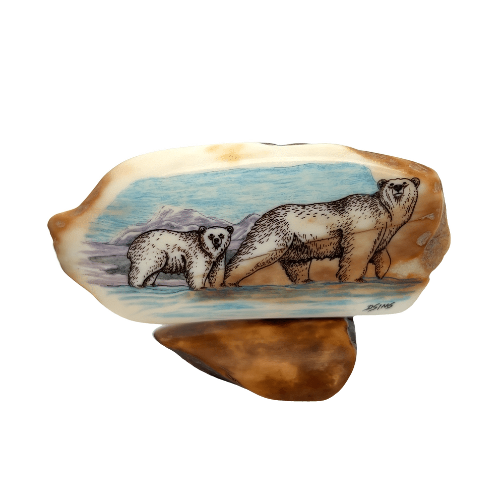 Bear & Cub Scrimshaw Artwork Fossil Ivory, Alaska Mint