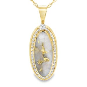 This fine piece of jewelry is a gold quartz pendant featuring diamonds