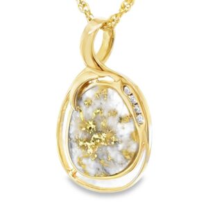 This fine piece of jewelry is a gold quartz pendant featuring diamonds