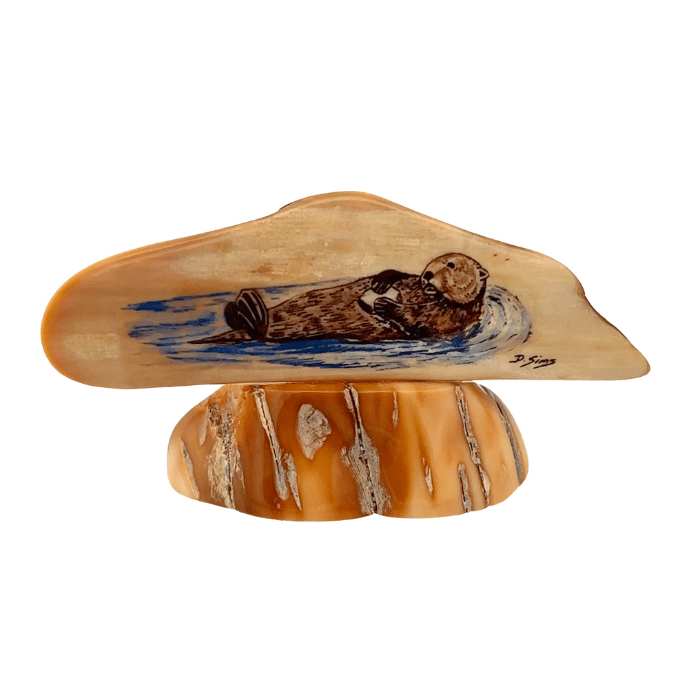 Floating Otter Scrimshaw Artwork Fossil Ivory, Alaska Mint