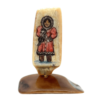 Lady in Red Parka Scrimshaw Artwork Fossil Ivory, Alaska MInt