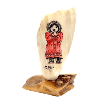 Lady in Red Parka Scrimshaw Artwork Fossil Ivory, Alaska Mint