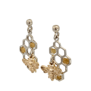 White Gold Honey Bee Gold Nugget Earrings, Alaska Mint