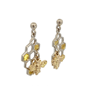 White Gold Honey Bee Gold Nugget Earrings, Alaska Mint