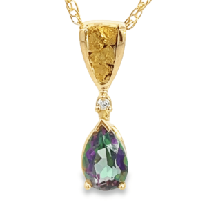 Northern Lights Topaz Pear Pendant 2 Pt. Diamond & Gold Nugget, Alaska Mint