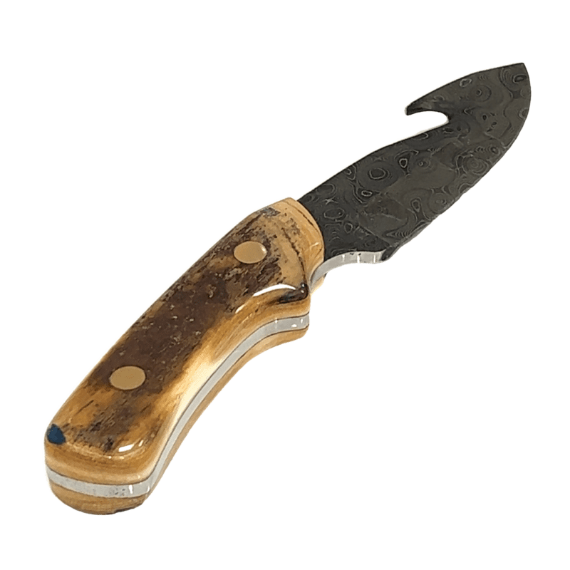 7.5" Mammoth Ivory Damascus Gut Hook Blade Knife, Alaska Mint