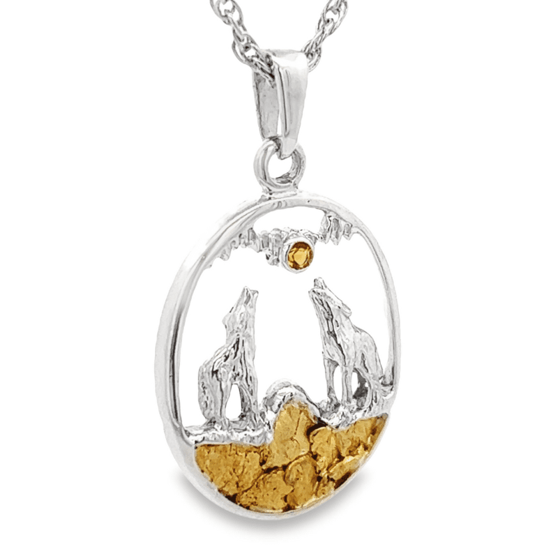 Citrine Gold Nugget Howling Wolf Sterling Silver Ladies Pendant, Alaska Mint