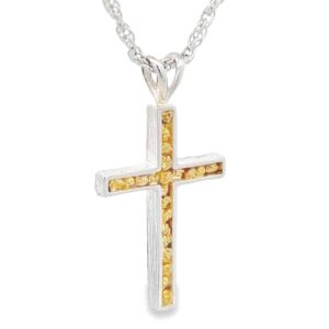 Silver Cross Gold Nugget Pendant, Alaska Mint
