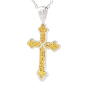 Silver Cross Gold Nugget Pendant, Alaska Mint