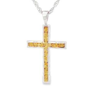 Textured Silver Cross Gold Nugget Pendant, Alaska Mint