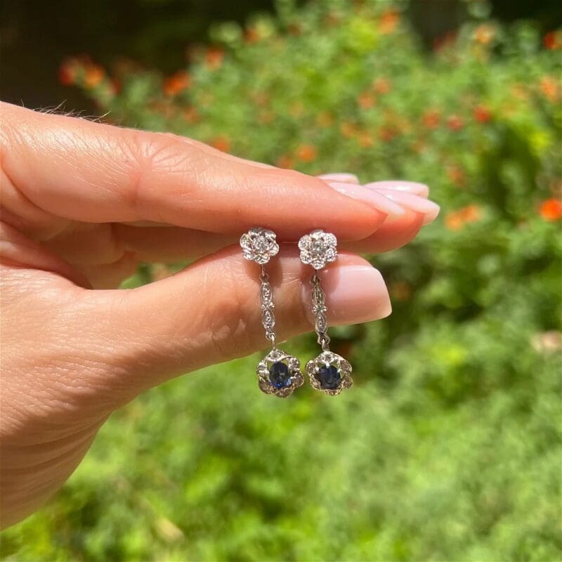 Antique Oval Sapphire & Diamond Drop Earrings, Alaska Mint