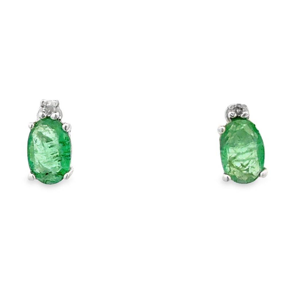 Oval Emeralds & Single Cut Diamonds White Gold Stud Earrings, Alaska Mint