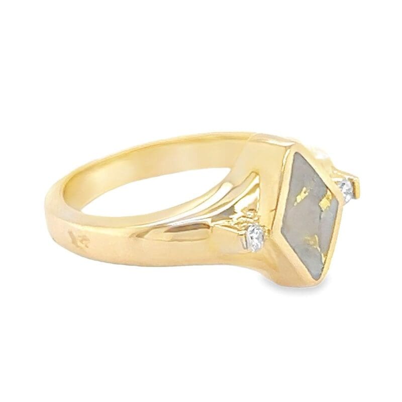 Diamond Shaped Gold Quartz Diamond Ring Inlaid Design, Alaska Mint