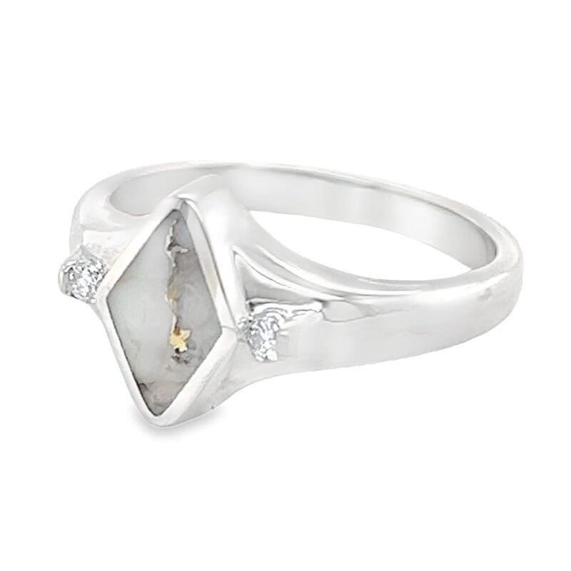 Diamond Shape Gold Quartz Diamond Ring Inlaid Design, Alaska Mint