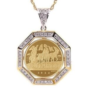 14k Gold & Diamond Pendant Featuring our 2026 1/2 oz. Iditarod Medallion in Pure Gold