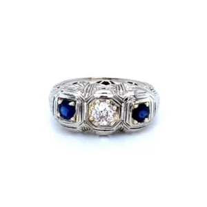 Sapphire Filigree 18k Ring with Diamonds, Alaska Mint