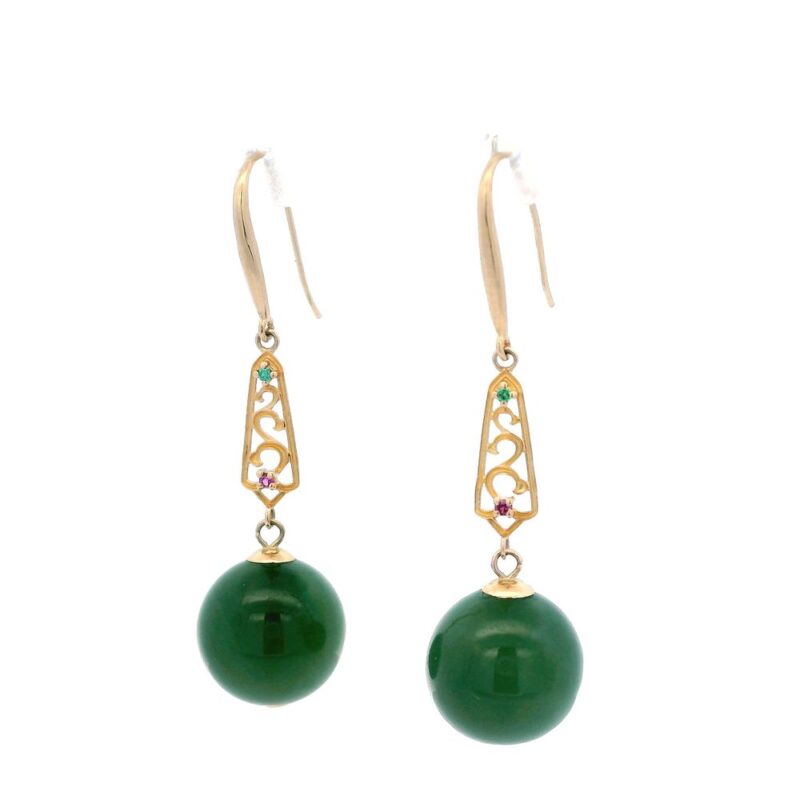 Jade Ball Earrings Emerald & Ruby 18k Rose Gold, Alaska Mint