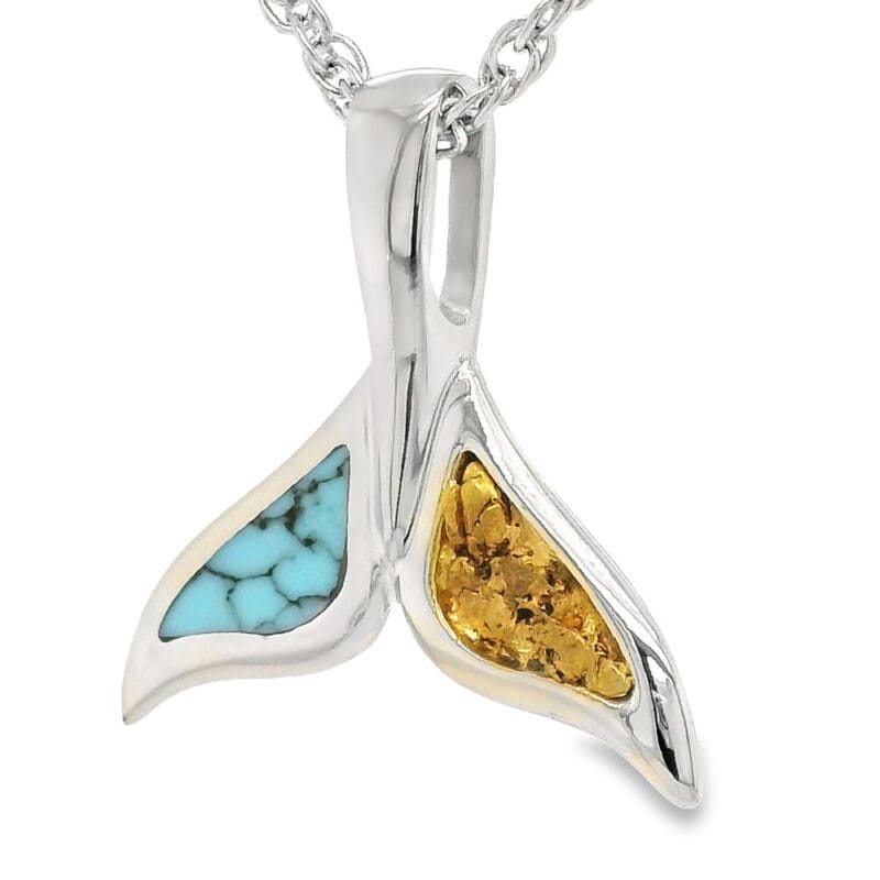 White Gold Turquoise Gold Nugget Whale Tail Pendant, Alaska Mint