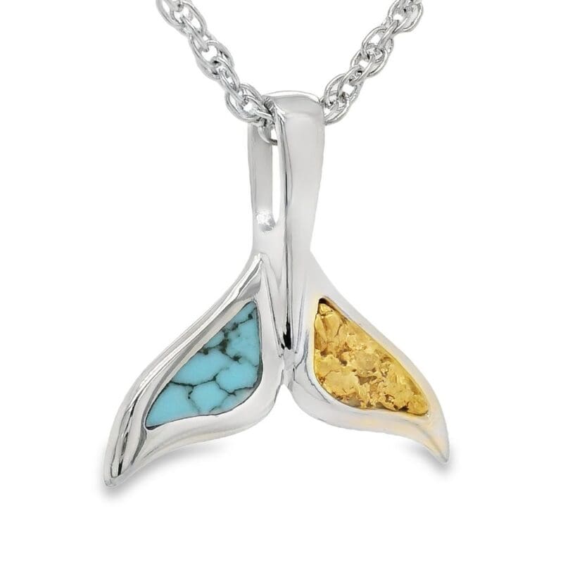 White Gold Turquoise Gold Nugget Whale Tail Pendant, Alaska Mint